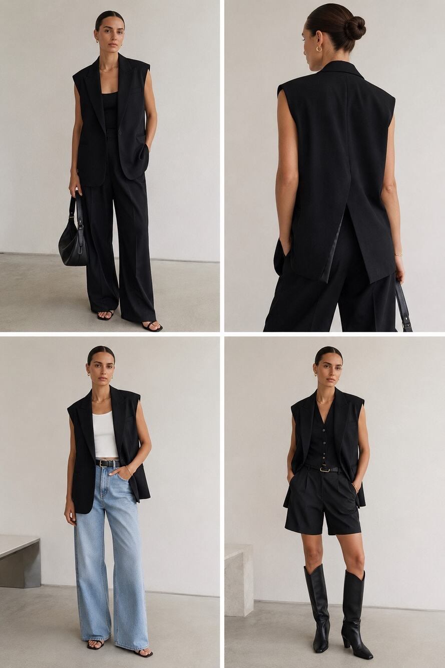 The Frankie Shop Oversized Wool Blend Slit Back Vest Jacket in Black, OS